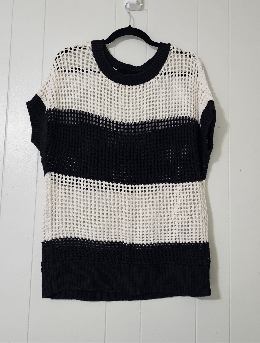 LOFT XL Open Knit Top Black White Stripe Crochet Short Sleeve